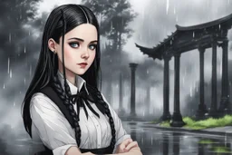 wednesday addams in 8k 2D anime realistic drawing style, Gothic them, neon effect, close picture, rain, highly detailed, high details, detailed portrait, masterpiece,ultra detailed, ultra quality