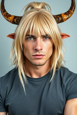 A portrait of an attractive stern ox bison lobster with wig, shoulder-length blond hair tied in a tight knot, pale skin,light green eyes, muscular build, wearing grey t-shirt