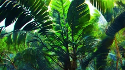 digital painting, A close-up view of large with intricate veins, surrounded by a blurred background of a tropical jungle, bold and slim lines, brush strokes