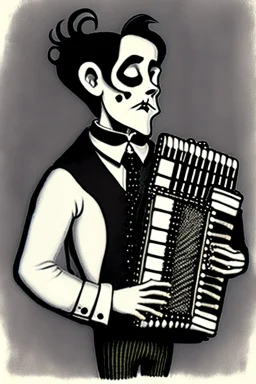 goth male necromancer with black hair playing a accordion in the style of charles addams