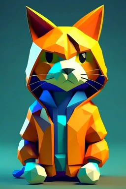 low poly with basic shapes playstation 1 chracter of a happy cat in a hoodie witha retro gam on the hoodie