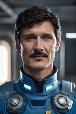 The actor Pedro Pascal without facial hair and wearing a blue sci-fi space uniform