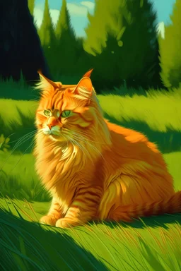 Un gato naranja con pelaje largo sentado en verdes pastos disfrutando de un lugar tranquilo al estilo de Van Gogh