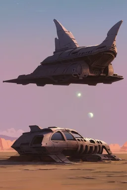 spaceship sitting on a desert plain near a ruined town