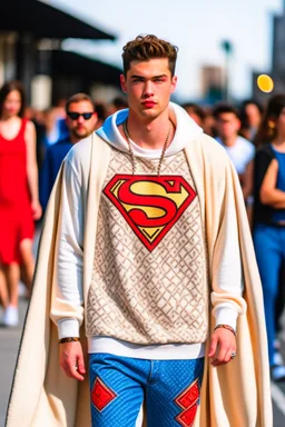 A guy on a fashion runway with Kryptonian Superman street wear all embroidery Clothes in neutral colors