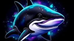 Portrait of pretty killer whale wearing a violet collar on space background