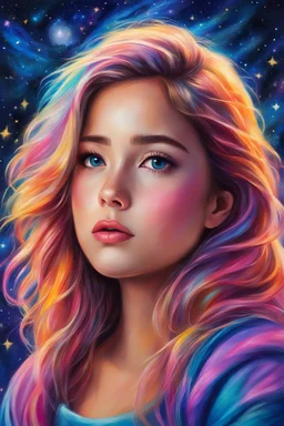 Masterpiece, best quality, oil pastel style, oil pastel painting, very detailed, high quality, 4k. Cute girl looks at the stars glowing, bright light hair, beautiful lovely eyes, beautiful night sky and glowing, she has enough strong imagination, fantasy and colorful world, vibrant colors.