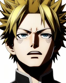 Detailed anime portrait of bakugo from my hero academia, gold hair and golden eyes, black suit, intricate details, full body portrait, keep head in frame, slight smile, black Japanese motif, concept art, highly detailed, digital painting, concept art, sharp focus, illustration, art by Yoji Shinkawa, WLOP and greg rutkowski and alphonse mucha and artgerm and yanjun Chen and Junji ito and Makoto Shinkai, HDR, octane render