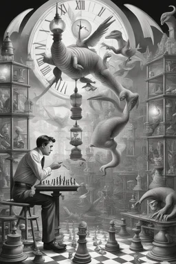 news paper journalist harlequin playing burning chess geese dinosaur reptiles in light bulb factory on the docks with twisted ladders in a confused look on his face in front of a huge glass prism clock with angels, in the style of Escher