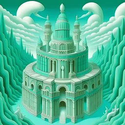 A mint colored mythical coliseum in he sky painted by MC Escher