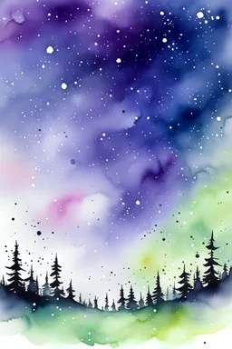 purple sky with stars and northern lights in watercolour with an abstract rainbow at the bottom of the picture, splatter, art, aquarell, pastell, ink, soft, negative space