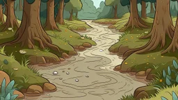 Cartoon style Forest with trees, muddy footprints on the path, creek a little bit on the left