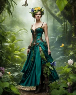 Full body Gorgeous Photography Realistic full dress steampunk classic pixie flowers with a resemblance to Tinkerbell, beauty sharp contrast colors,jungles background