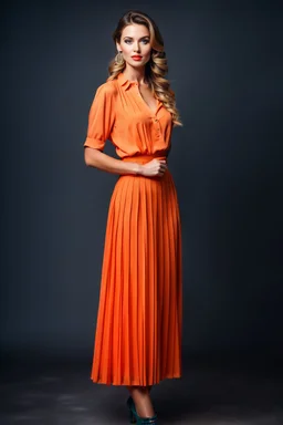 full body of very beautiful lady midi blue pleated skirt and orange bluse , Braided hair ,standing idle happy pose in studio pretty makeup,dark background