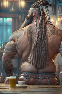 full body shot back view photography of a burly stocky giant gipsy lumberjack tattoed 55 years old , in italian restaurant, shirtless with swimwear, dreadlocks, long beard, emotive eyes, big shoulders, big fat bump, ambient occlusions, photorealistic