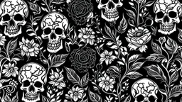 tracery of flowers and skulls, black and white, minimalistic