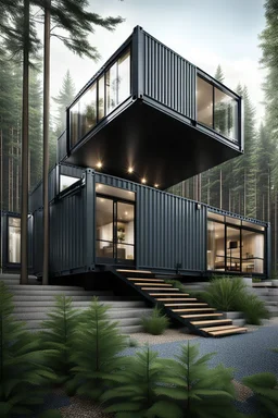 large house in the woods made from shipping containers, photorealistic