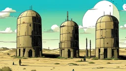 Aged comic book illustration of silos inhabited in a desert landscape, reminiscent of Dune, under a scorching midday sun. The silos are constructed from weathered concrete, with makeshift dwellings attached. Inhabitants, depicted as rugged Middle Eastern men and women in tattered robes, move about their daily lives. The sky is a harsh, cloudless blue, and the sand dunes stretch endlessly into the horizon.