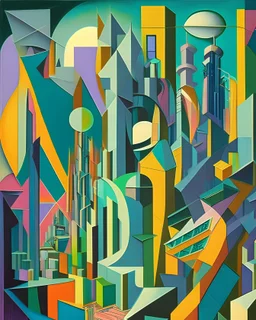 An imaginative landscape of a futuristic metropolis, with towering skyscrapers, advanced transportation systems, and vibrant public spaces, in the style of cubism, geometric shapes, bold colors, and multiple perspectives, influenced by the works of Pablo Picasso and Georges Braque, envisioning the possibilities of urban life in the future.