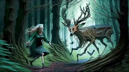 lovecraftian styled resurrected unhappy single deer chasing the older drunk lady through the forest.