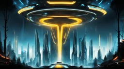 tron legacy movie, creatures,, space ships, city of the future, trees , forest, yellow, blue, red