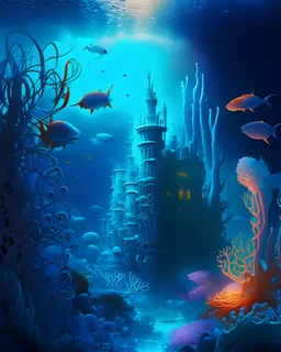A vast underwater world with luminescent creatures and coral castles