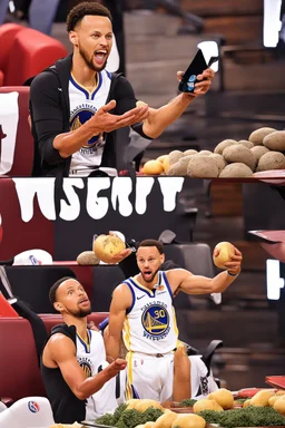 confused steph curry holding a potato instead of a basketball phone cry