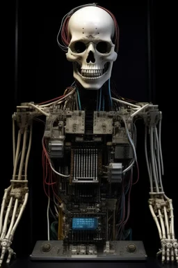 A creature half human half machine with electronic chips , front view