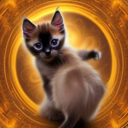 A high-speed action shot of a young Siamese kittenwith brown ears, captured in mid-leap or play. The image is detailed and intricate, featuring swirling fractal patterns surrounding the kitten, enhancing the sense of motion and energy. In the background, there's a mesmerizing fractal landscape, with complex geometric shapes and vibrant colors. The landscape and the fractal patterns around the puppy blend seamlessly, creating a dynamic and visually captivating scene in space with chrome silver pl