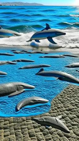 A blue beach with dolphins designed in ancient Roman mosaics