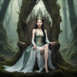 A beautiful as a model asian woodland elf princess who looks like Lucy Liu seated on a throne in a mystical forest