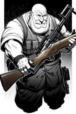 old man behind the aiming with a sawed-off shotgun, greyscale