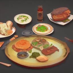 Plate full of fake food with old stuff around in a dark room