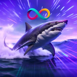 infinity symbol ∞ with vibrant powerful shark jumping out of the sea, with a strong wave flowing behind, striking, chiaroscuro, dramatic, captivating, powerful, fantasy, beautiful, octane render, 16k post-production, artstation: award-winning: atmospheric: commanding: fantastical: clarity: ultra quality: striking: brilliance: stunning colors: amazing depth; lens: f/11, 35mm