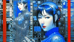 An illustration by Kuniyoshi and and Picasso of a tech-girl inside a futuristic matrix-grid.