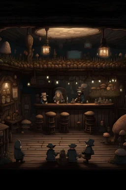 Un bar oscuro y bizarro con personas diminutas y las paredes con hongos y viejas.