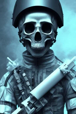 All Black british soldier, ghost, wearing high tech skull mask, white smoke, dark, rage, sorrow, high definition, ultra 8 k, volumetric lighting, blue fire, fog