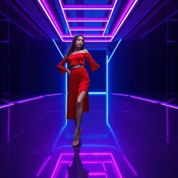 Professional fashion photography of a woman in a vibrant red pleated two-piece outfit posing gracefully. She is set within a minimalist futuristic interior dominated by cool blue and purple neon lighting. The glossy metallic floor perfectly reflects the glowing geometric architecture. High-end cinematic lighting with deep shadows and sharp highlights.