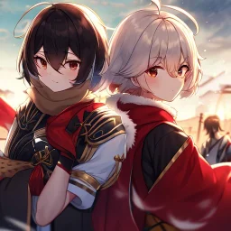 Clear Focus, High resolution, white fluffy short hair with one red streak in hair, ahoge, wearing a red black and golden scarf, short sleeve is white and a slight hint of red, top half of body is a samurai outfit, one side is white and other is black and red, sleeve 2 is black but the at the end its a wavy gold, wearing a black short skirt,