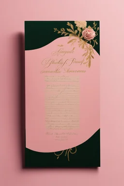 An extremely formal, funeral program written in French for a black woman on salmon pink deeply pigmented velvet paper with brilliant, brightest heavy golden greenish calligraphy fonts, simple, minimalistic, less element, very dramatic lighting