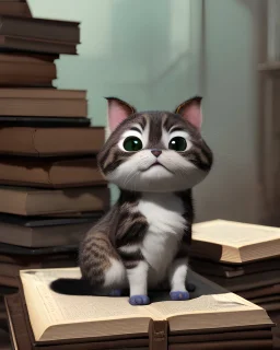 Cute small humanoid cat and a lots of books, unreal engine, artstation, hyper-detailed, digital painting, crisp quality, cinematic, character design by mark ryden and pixar and hayao miyazaki, unreal 5, daz, hyperrealistic, octane render