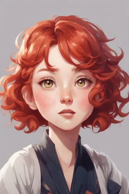 A short girl with thick short wavy red hair, narrow kind eyes with an enthusiastic look, full height, Wide oval face decorated with an upturned nose and small lips in the style of genshin impact