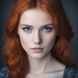 32k photo, portrait young redhead woman. ( blue eyes, black sclera), perfect masterpiece,