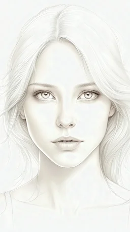 A beautiful face of woman all white skin, white eyes, white hair on a white background, pencil drawing style