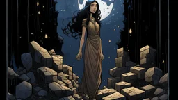 A tall Middle Eastern woman with long, dark hair covered by a hijab, wearing a modest, earth-toned dress, walking through a mysterious forest of obsidian cubes with hidden niches and windows, under a full moon.