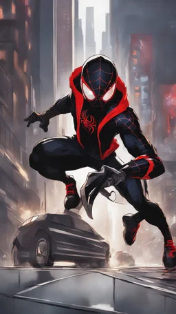 miles morales mix with venom symbiote in solo leveling shadow artstyle, Street boy them, intricate details, highly detailed, high details