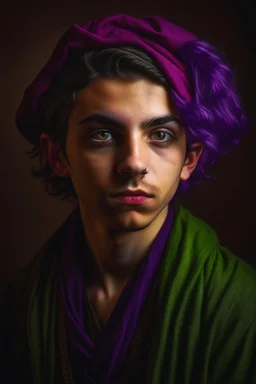 A portrait of a young elf, a wizard, purple hair, Caravaggio style