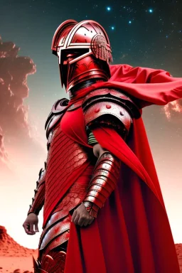 Planet Mars portrayed as a menacing God wearing Roman-like armour, a red cape, and a spartan helmet that covers his face entirely