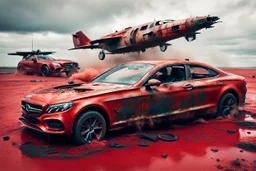 Foto aus dystopischer Zukunft von völlig rostigem, verbeulten Mercedes Coupe C-Klasse auf der Flucht vor knallrot lackierter VTOL Sea Harrier