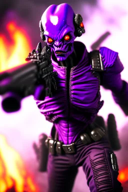 an epic 12k,ultra high definition , digital photo of a scary looking alien, purple colored alien, angy and rising from the ashes, a war veteran, army beret , captain rank, ripped and torn ammo clothing, chaotic fiery and dust background, dramatic close-up action shot of him behind the machine hand gun on the burned out war tanker,gothic and sinister